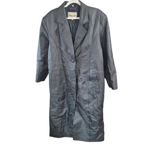 Vintage Donna Pelle‎ Black Leather Long Trench Coat XL Jacket Button Up 80s 90s